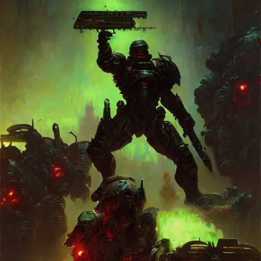 Image similar to A neon Doom Slayer, rip and tear until it is done, by gaston bussiere, craig mullins, Simon Bisley