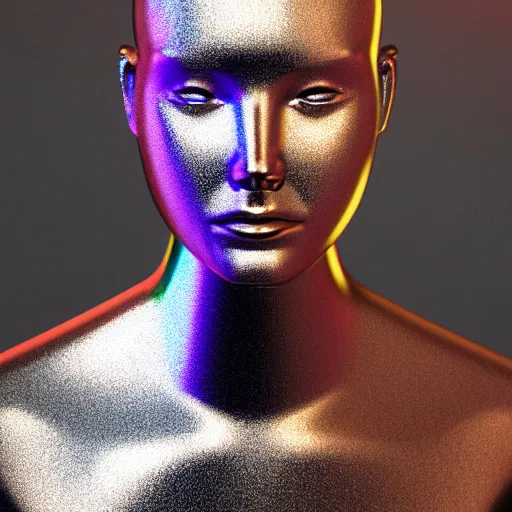 Image similar to 3d render of holographic human robotic head made of glossy iridescent, surrealistic 3d illustration of a human face non-binary, non binary model, 3d model human, cryengine, made of holographic texture, holographic material, holographic rainbow, concept of cyborg and artificial intelligence