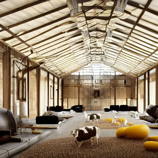 Image similar to interior view of modern futuristic farm barn architecture and interior design, cows laying down on sofas, pigs and chickens sitting in lounge chairs, wall art, detailed luminescent oil painting 4 k