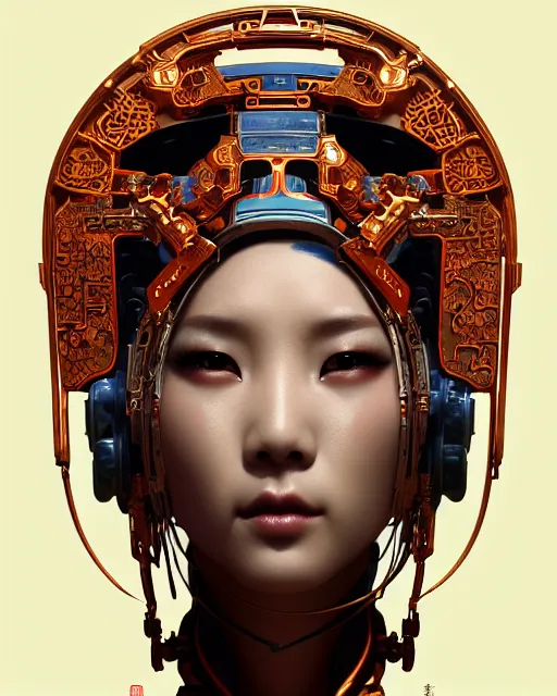 Image similar to portrait of a cyberpunk machine, machine face, upper half portrait, decorated with chinese opera motifs, asian, fine china, wuxia, traditional chinese art, intricate, elegant, highly detailed, symmetry, headpiece, digital painting, artstation concept art smooth sharp focus, illustration, art by artgerm and greg rutkowski alphonse mucha 8 k