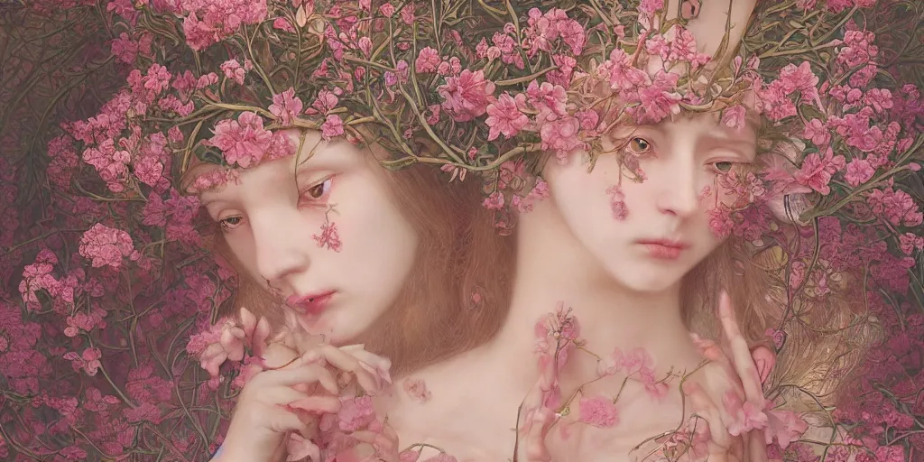 Image similar to breathtaking detailed weird concept art painting of few goddesses of light pink flowers, orthodox saint, with anxious, piercing eyes, ornate background, amalgamation of leaves and flowers, by Hsiao-Ron Cheng, extremely moody lighting, 8K