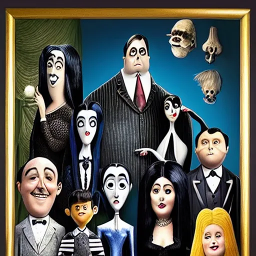 Image similar to family portrait, highly detailed, the addams family all played by Jim Carrey, indoors