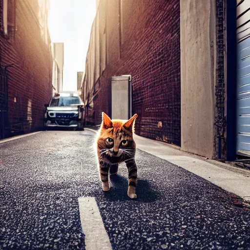 Prompt: cat running from police into an alley, high quality, photograph, studio lighting