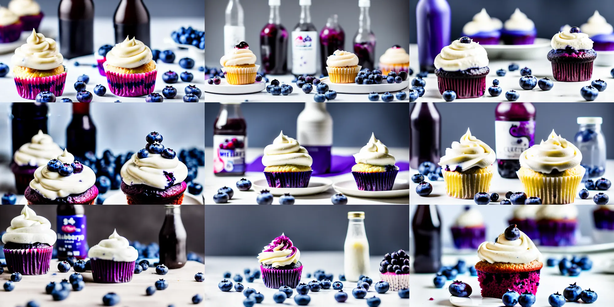 Prompt: dslr food photograp of a blueberry cupcake white creme topping and a bottle of blueberry sauce on the side, narrow shot, 8 5 mm f 1. 8