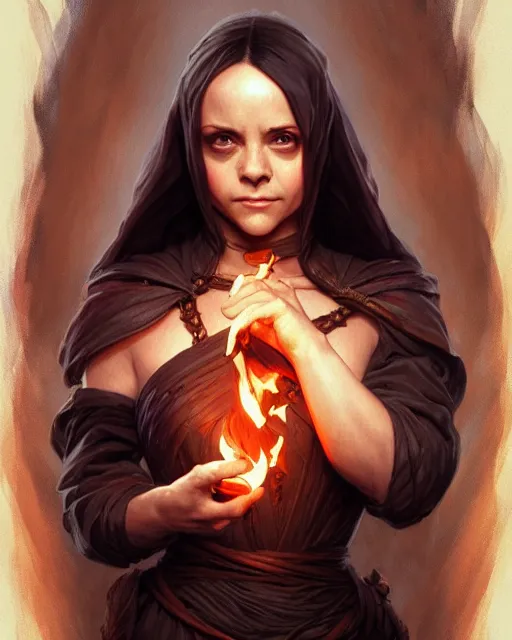 Image similar to Christina Ricci (2000) casting a fire spell, D&D, fantasy, intricate, elegant, highly detailed, digital painting, artstation, concept art, matte, sharp focus, illustration, hearthstone, art by Artgerm and Greg Rutkowski and Alphonse Mucha