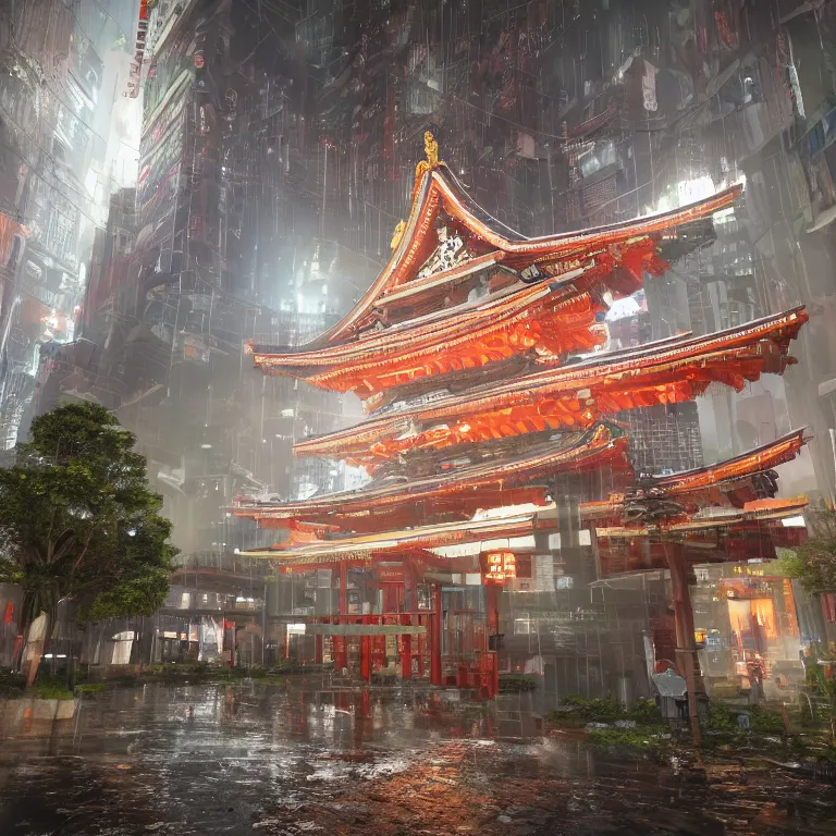 Prompt: a tall brightly lit cyberpunk shinto shrine at night, reflection visible in scattered rain puddles, octane ray tracing, volumetric light, trending on artstation, three point perspective, depth of field