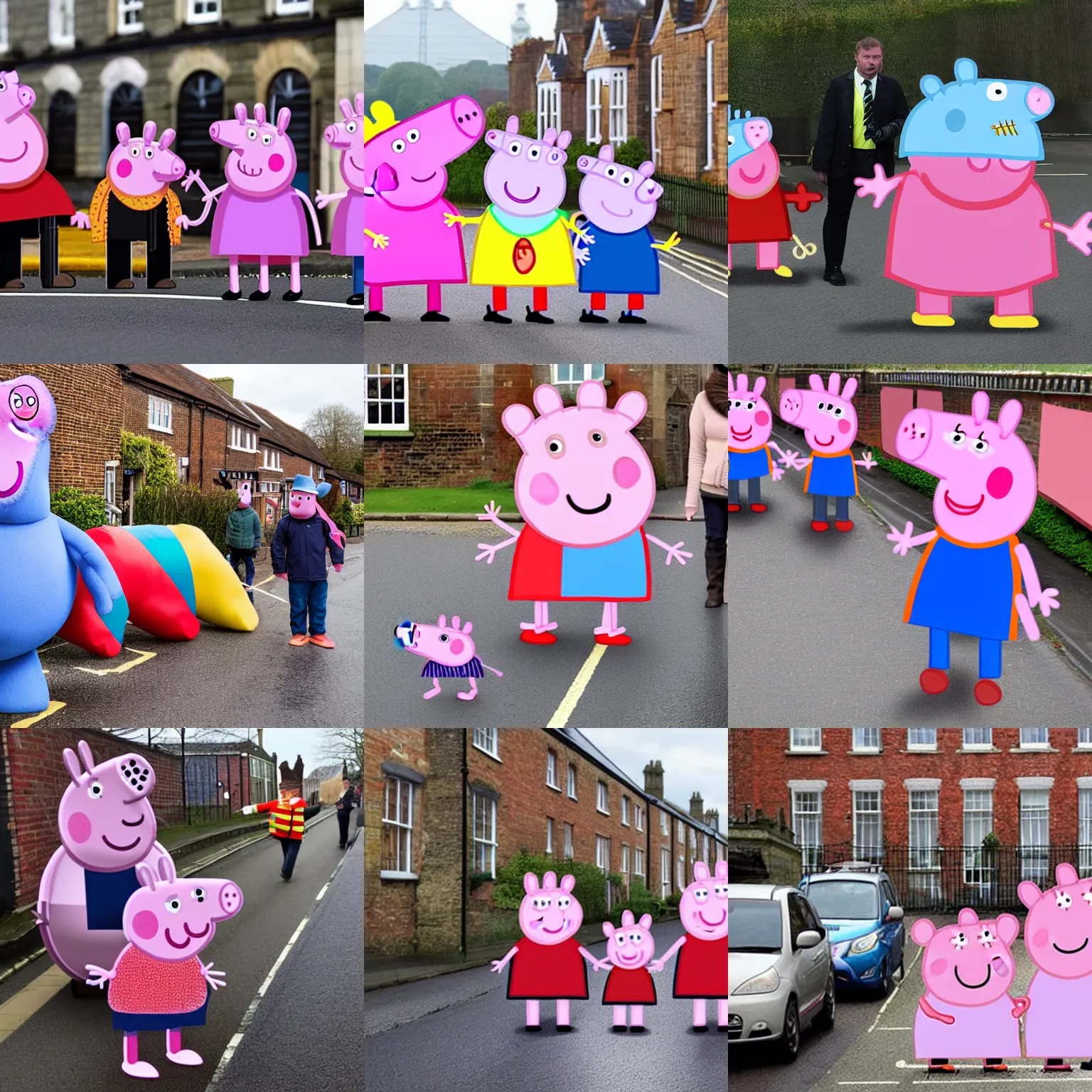 Prompt: peppa pig blocking a road for insulate britain