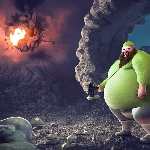 Image similar to highly detailed octane render of a short ugly fat man with a giant beard, holding a grenade launcher and wearing armour, goggles and a safety hat whilst laughing at a green mushroom cloud surrounded by dead insects in a cave