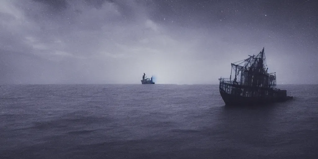 Prompt: a ghost ship at sea, night, volumetric, cinematic, award winning