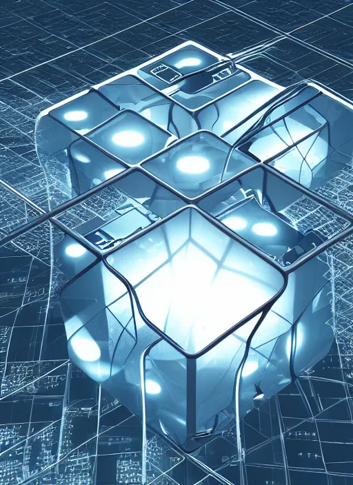 Prompt: Computer circuit on the surface of a hypercube, floating above a buzy city scape, global illumination, radiant light, detailed and intricate environment