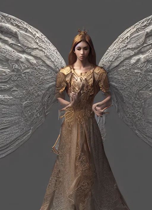 Image similar to intricately designed full body concept art illustration of an angel in intricately designed clothes, octane render, 4k, digital art