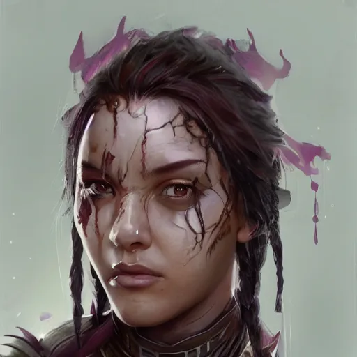 Image similar to beautiful, very strong, mixed race, female, middle aged, face, no makeup, scarred, warrior, head shot, fantasy, highly detailed, digital painting, artstation, concept art, smooth, sharp focus, illustration, art by jodie muir and brom