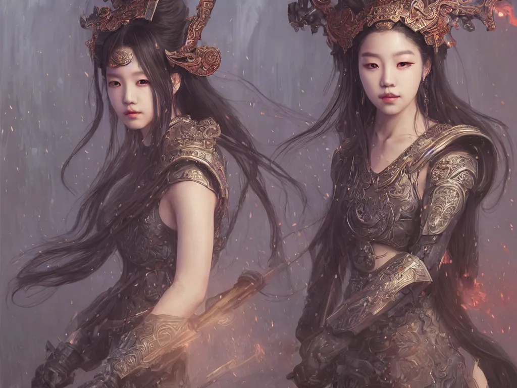 Image similar to portrait jisoo blackpink, grey hair armored samurai clothes, in fire japanese temple wet night, ssci - fi and fantasy, intricate and very very beautiful and elegant, highly detailed, digital painting, artstation, concept art, smooth and sharp focus, illustration, art by tian zi and wlop and alphonse mucha