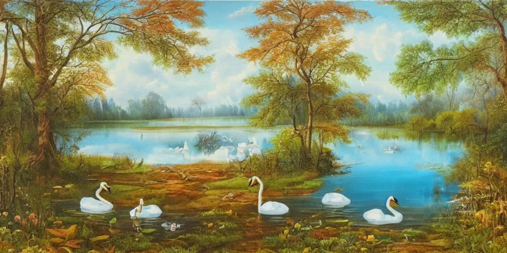 Prompt: painting of a small lake with one swans in it, in a forest, blue water, stunning colors, fairytale