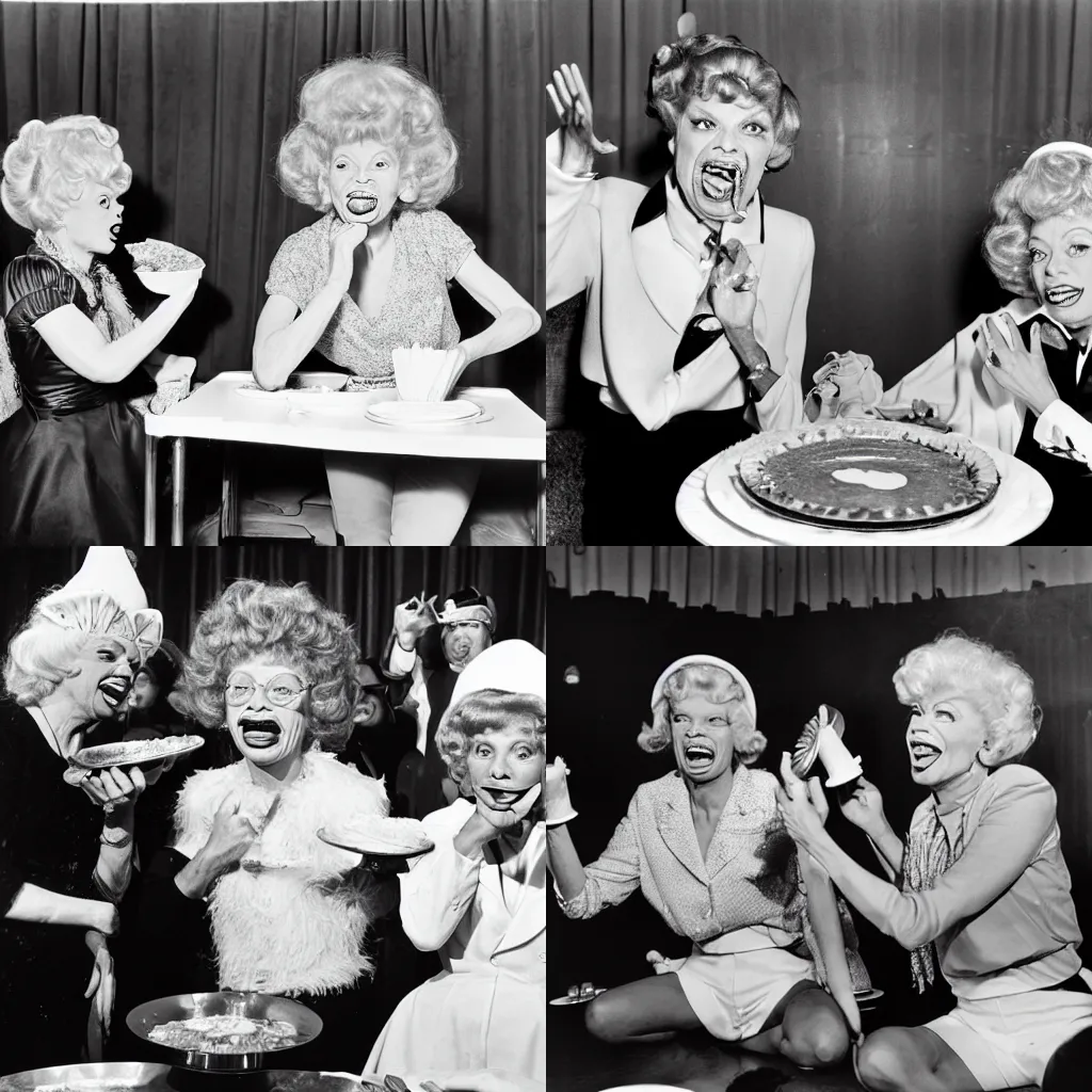 Prompt: candid photo of Carol Channing and Lucille Ball in a pie eating contest, photo by Herman Leonard