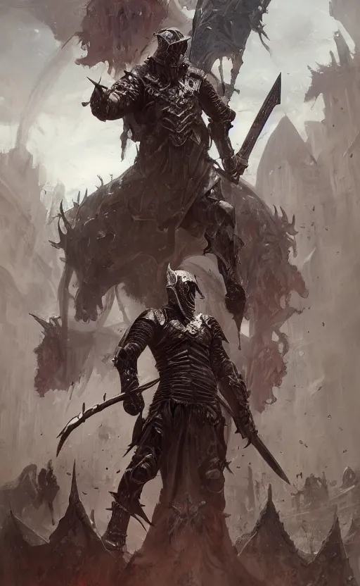 Prompt: medieval knight slashing the body of a demon monster, symmetrical facial features, front game card, drark, marvel comics, dark, intricate, highly detailed, smooth, artstation, digital illustration by ruan jia and mandy jurgens and artgerm and wayne barlowe and greg rutkowski and zdislav beksinski