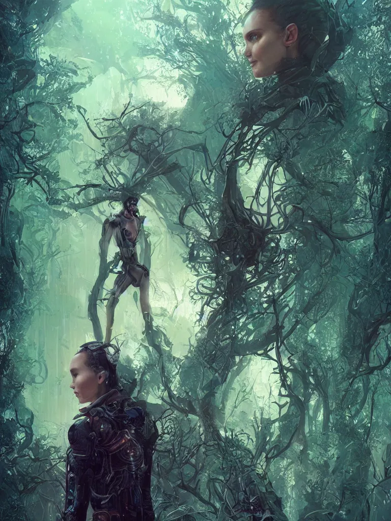 Prompt: a hyperrealistic cyberpunkpunk portrait of a gorgeous woman in the movie Annihilation, with mutated trees and trees and fractal sunlight, award-winning, masterpiece, in the style of Tom Bagshaw, Cedric Peyravernay, Peter Mohrbacher