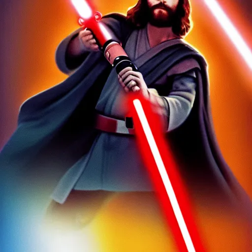 Prompt: jesus christ holding a lightsaber and fighting for the republic in star wars, 4 k, high resolution, still, landscape, hd, dslr, hyper realistic