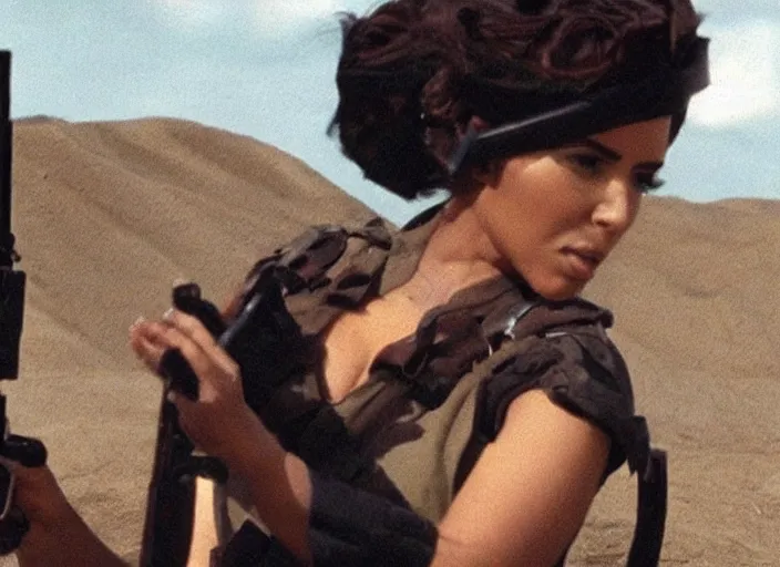 Image similar to a film still of kim kardashian as a soldier firing a rifle over a dirty trench with her top slightly open neckline. backround : warfield