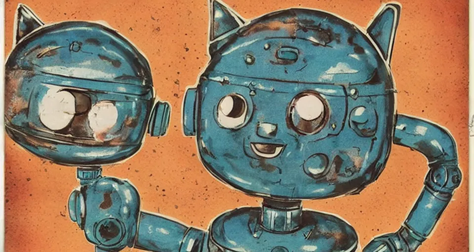 Prompt: a cute retro robot cat. alcohol inks on parchment, muted colors, detailed, textured parchment background, 1 9 5 0 s concept art