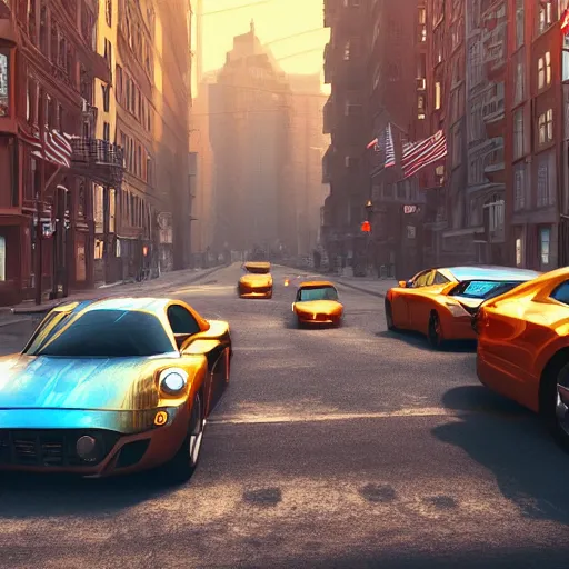 Image similar to copper colored sport car racing through a street in nyc, painted by, mc escher, gordon onslow ford, georgia o'keeffe and ivan aivazovsky, cinematic light, god rays, colourful, unreal engine.