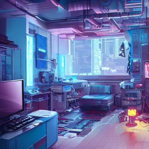 Image similar to the cyberpunk apartment, render, octane, 4k, highly detailed, vivid colors, high definition, by James Gilleard and Makoto Shinkai