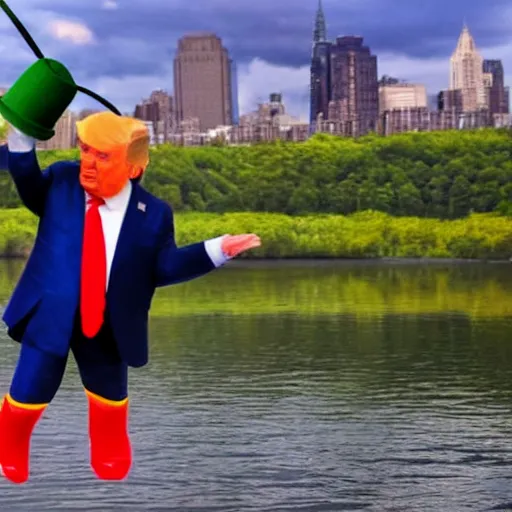 Image similar to donald trump tossing a small leprechaun in to the hudson river, hyper realistic, wide shot, photography, award winning, 8 k,