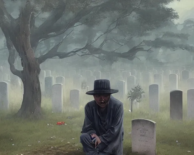 Image similar to a 50 year old brunnete chinese man leaning on the ground at a funeral in a cemetery next to the grim reaper, horror scene, dramatic, anime art, Greg Rutkowski, studio ghibli, dramatic lighting