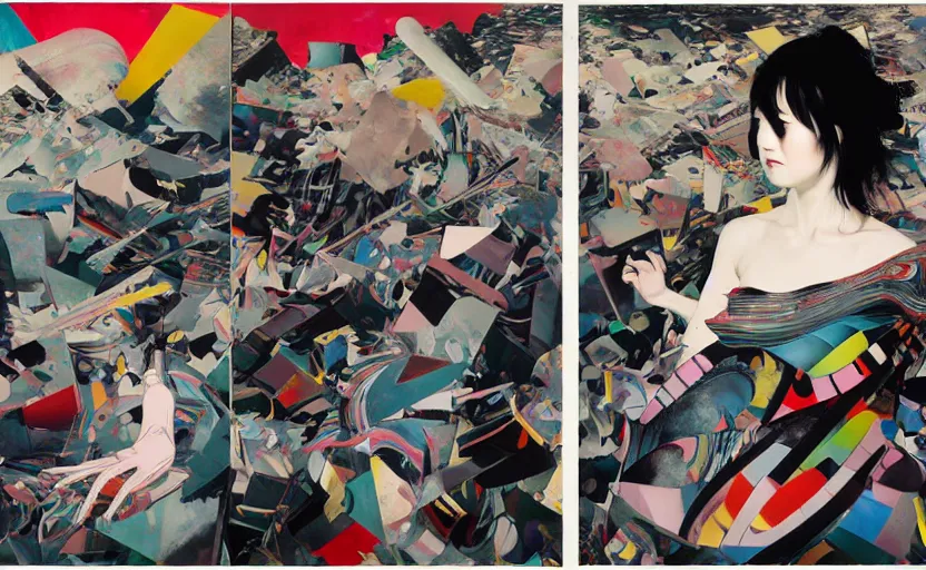 Prompt: decollage painting young japanese actress struggling in a ruined city by adrian ghenie and takato yamamoto and edward hopper and mark ryden and tsutomu nihei, part by bridget riley, acrylic pour and splashing paint, very coherent, baroque elements, perfect anatomy, intricate design. pop art.