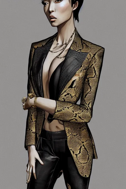 Prompt: yakuza slim girl, gold suit jacket in snake print, jacket over bare torso, yakuza tattoo on body, black short curtain haircut, black leather pants with black belt, luxury, fashion, portrait, elegant, 2d, ultra highly detailed, digital painting, smooth, sharp focus, artstation, art by Ilya Kuvshinov, rossdraws