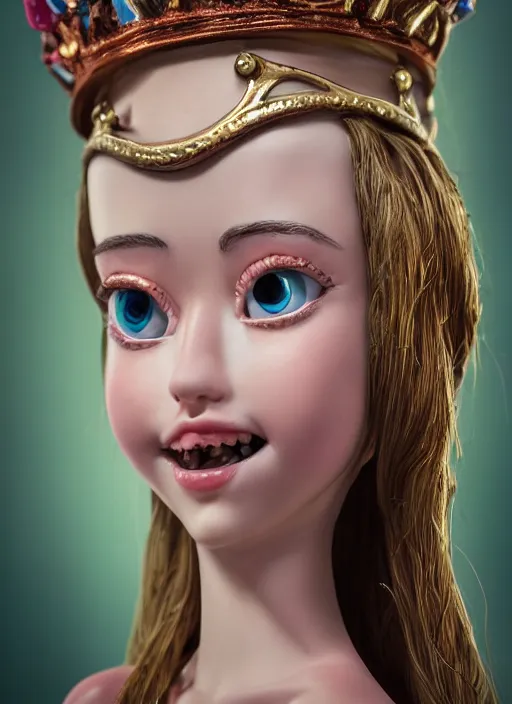 Image similar to closeup face profile portrait of a tin toy fairytale princess wearing a crown eating cakes, bikini, depth of field, zeiss lens, detailed, symmetrical, centered, fashion photoshoot, by nicoletta ceccoli, mark ryden, lostfish, breathtaking, 8 k resolution, extremely detailed, beautiful, establishing shot, artistic, hyperrealistic, octane render