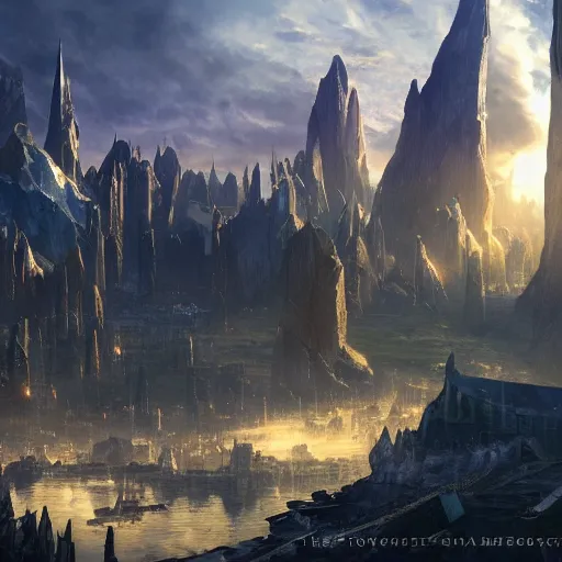 Prompt: the fantasy city of asgard, featured on artstation, matte painting, cinematic lighting