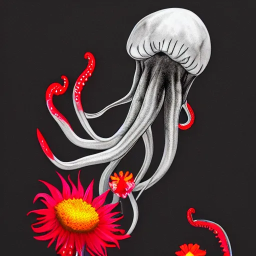 Image similar to hyperrealistic clicker from the last of us, flowers blooming and bursting, octopus, jellyfish, black and white, high contrast, soft focus, sharp, red, highly detailed