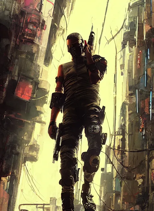 Image similar to Ezra. Cyberpunk mercenary in tactical gear climbing a security fence. rb6s, (Cyberpunk 2077), blade runner 2049, (matrix). Epic painting by Craig Mullins and Alphonso Mucha. painting with Vivid color.