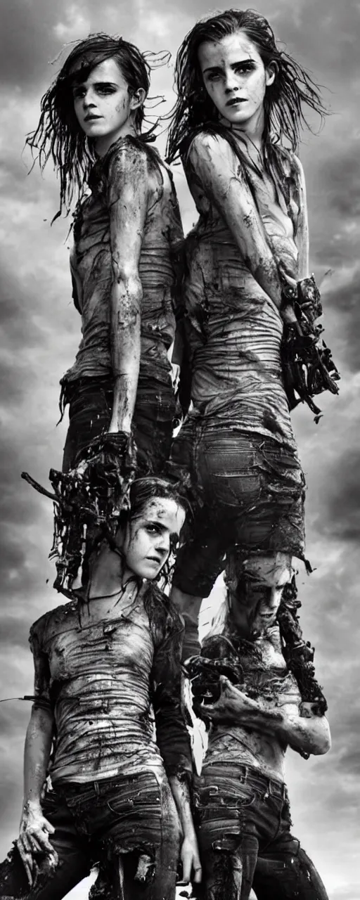 Image similar to twinned sisters Emma Watson action poses dishevelled photorealistic portrait grimy sweating wet face dirty t-shirt and torn jeans in broken biomechanical fractal armour abandoned exploding sci-fi gas station, dark and dim atmospheric smog trending on artstation 8k matte painting, dramatic lighting, dramatic shadows professional photograph by Herb Ritts