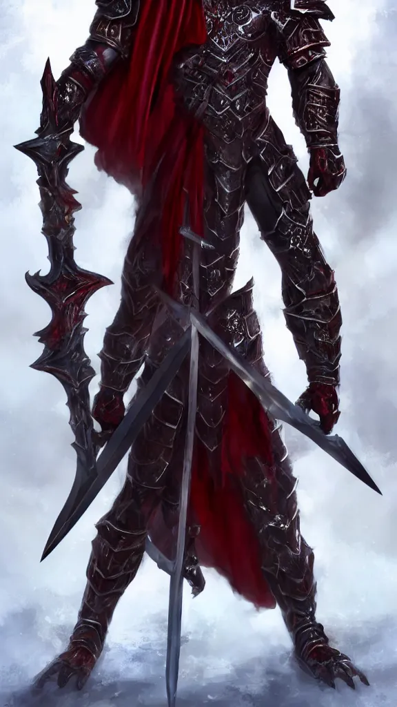 Prompt: male demon holding a obsidian sword, ice metallic armor, red cape, detailed arms, intricate ice armor, two arms, two legs, detailed fanart, rpg art, d&d art, macro art, digital art, DeviantArt, artstation, 8k HD