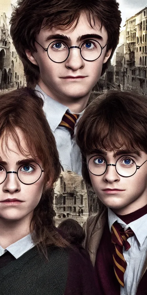 Prompt: Harry Potter Ron and Hermione in Venice, hyper realistic face, symmetrical face, beautiful eyes,