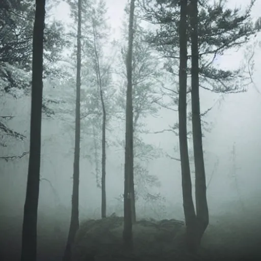 Image similar to jotunn!!! in the forest at night, misty, foggy, creepy, scary, horror,