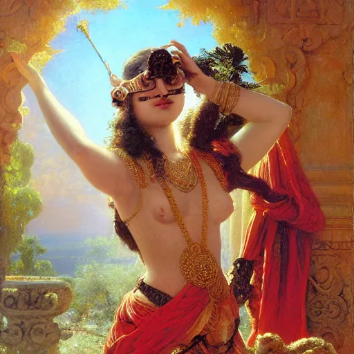 Image similar to detailed full body of hindu traditional girl blindfolded high - tech vr headset in baroque style, girl graceful,, painting by gaston bussiere, craig mullins, j. c. leyendecker, lights, art by ernst haeckel, john william godward, hammershøi,,