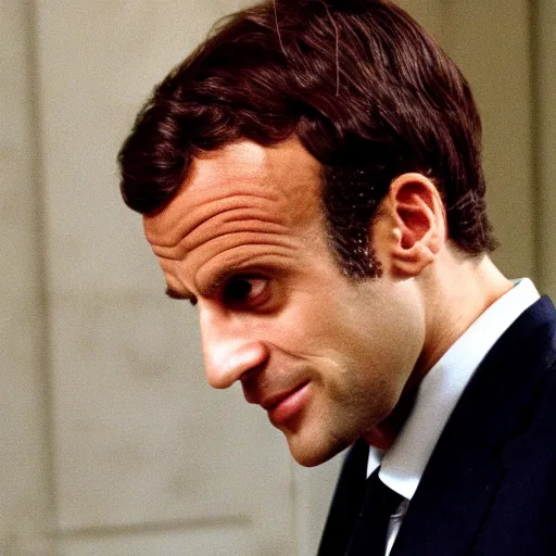 Image similar to Emmanuel Macron wearing snickers in American Psycho (1999)