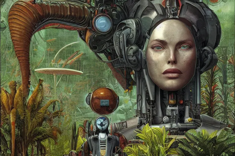 Prompt: gigantic robot - girl head floating in the space, a lot of exotic plants, trees, flowers, oldschool vintage sci - fi flat surreal grainy design, super - detailed, painting by enki bilal and moebius, hd, 4 k, high quality