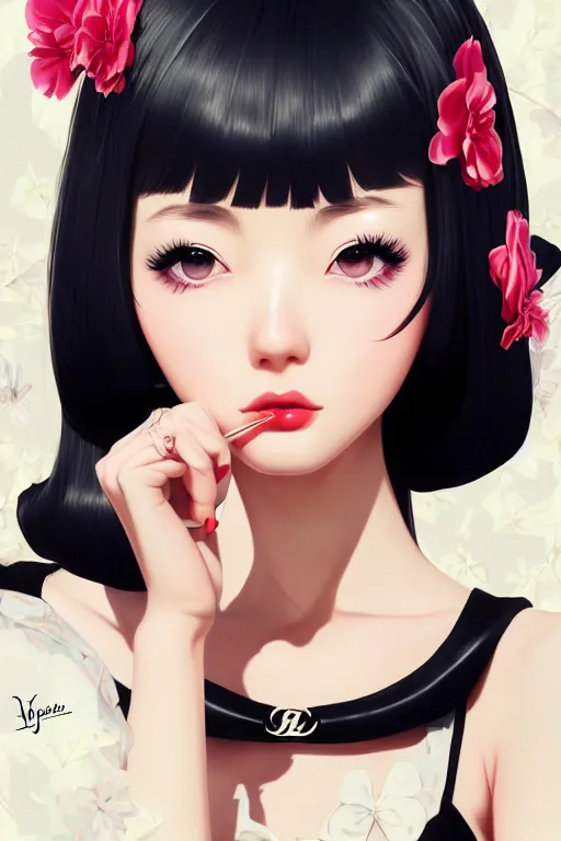 Image similar to a pin up and beautiful fashion dreamlke japan girl with lv jewelry, character art, art by artgerm and wlop and and ilya kuvshinov, hyperdetailed, 8 k realistic, symmetrical, frostbite 3 engine, cryengine, dof, trending on artstation, digital art, chanel, dior, fantasy background