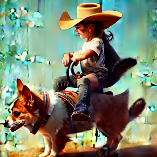 Image similar to tiny cat girl in cowboy hat riding on the back of a giant corgi by greg rutkowski