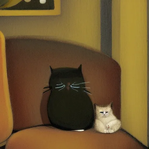 Prompt: a cat and a boy sitting on a couch watching TV in a small dim lit room, by Shaun Tan