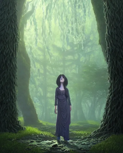 Image similar to highly detailed surreal vfx portrait of a cursed object in a shadowy forest by a willow tree, stephen bliss, unreal engine, greg rutkowski, loish, rhads, beeple, makoto shinkai and lois van baarle, ilya kuvshinov, rossdraws, tom bagshaw, alphonse mucha, global illumination, detailed and intricate environment