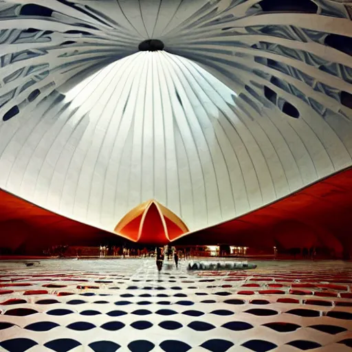 Image similar to interior of a futuristic lotus temple with gold, red and white marble panels, in the desert, by buckminster fuller and syd mead, intricate contemporary architecture, photo journalism, photography, cinematic, national geographic photoshoot