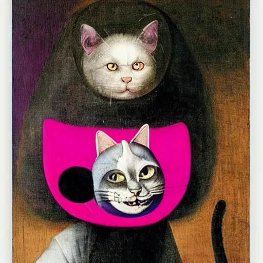 Image similar to portrait of the cat of cheshire bosch with pink and purple stripes and a huge malicious smile by hieronymus bosch. oil on wood