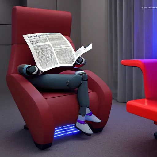 Image similar to futuristic studious matte brown and red full-body humanoid robot with two huge round expressive sad purple glowing LED eyes and open rectangular mouth sitting on a large comfortable cushioned 1950s vintage recliner reading a newspaper. open newspaper. Cinematic Movie Photograph, Arri Alexa, Extremely Detailed, smooth, very very clean, 8K, octane render, maya render, unreal engine, trending on artstation, DSLR, excellent composition, center frame