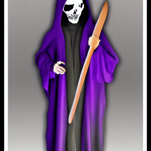 Image similar to grim reaper, purple cloak, full body