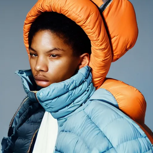 Image similar to realistic! photoshoot for a new balenciaga lookbook, color film photography, portrait of a beautiful woman wearing a puffer jacket, photo in style of tyler mitchell, 35mm